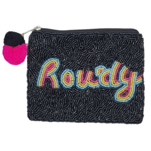 ROWDY Black Seed Beaded Pom-Pom Zipper Money Makeup Storage Pouch NEW - Picture 2 of 2